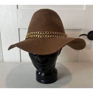 Guess Brown Wool Gold Chain Accent Floppy Brim